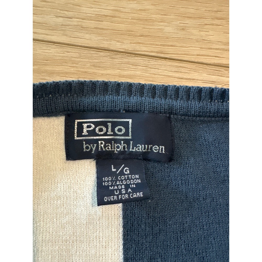 Polo Ralph Lauren V-Neck Sweater Womens Large Blue White Colorblock Striped - Picture 2 of 3